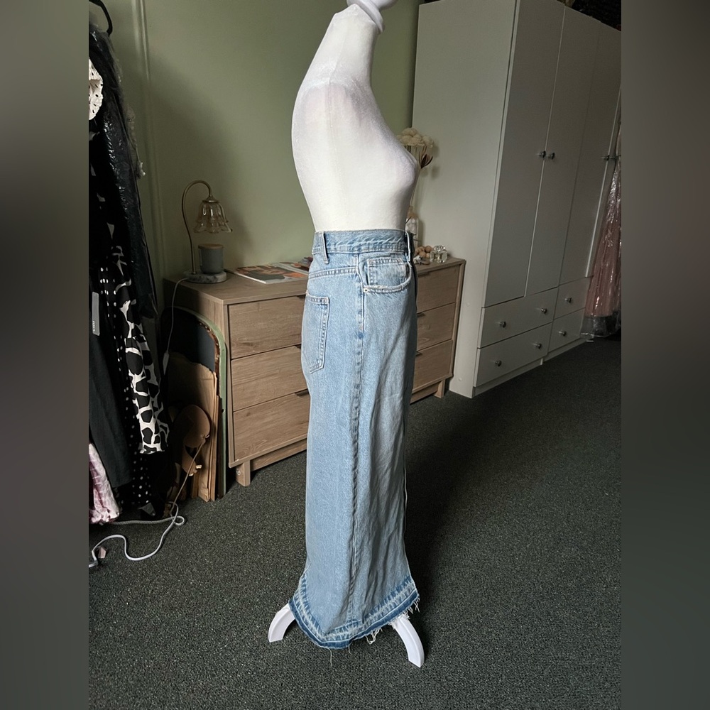 ZARA Light Wash Denim Distressed Hem Straight Midi Maxi Front Slit Cotton Skirt - Picture 6 of 16